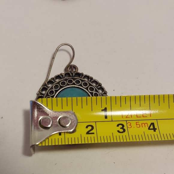 Ornate Silver Tone Costume Earrings w Faux Turquoise Approx 1" Diameter Boho - Picture 7 of 9